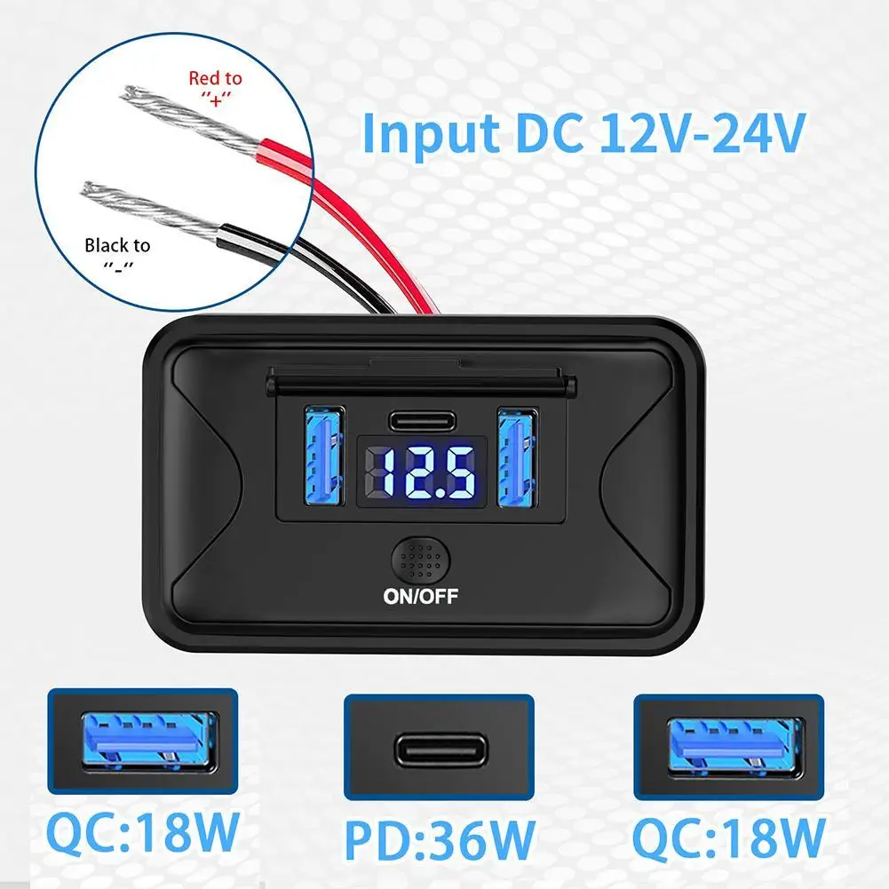 Quick Charge 3.0 PD USB 3-Ports Car RV Charger Socket Adapter 12V/24V USB Power Outlet With Swith For Car Marine Bus