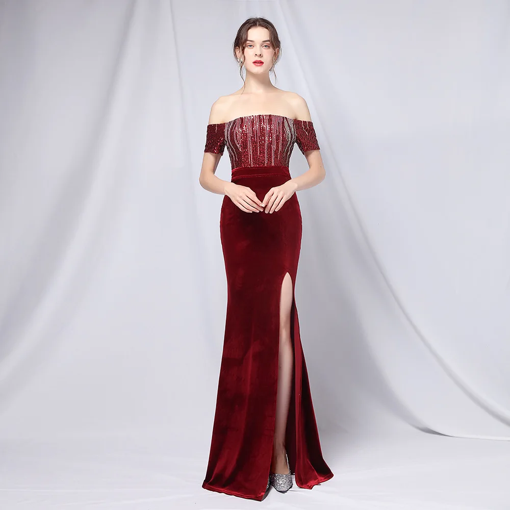 

XUCTHHC 2021 New Elegant Strapless Velour Evening Party Dress Burgundy Sequin Maxi Dress Women Off Shoulder Long Prom Dresses