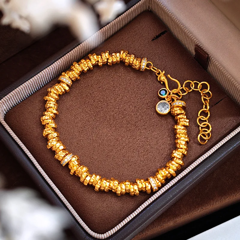 Women's Luxury Vintage High-end Irregular Entwined Green and White Diamond Running Ring Bracelet 9999 24K Real Gold Jewelry