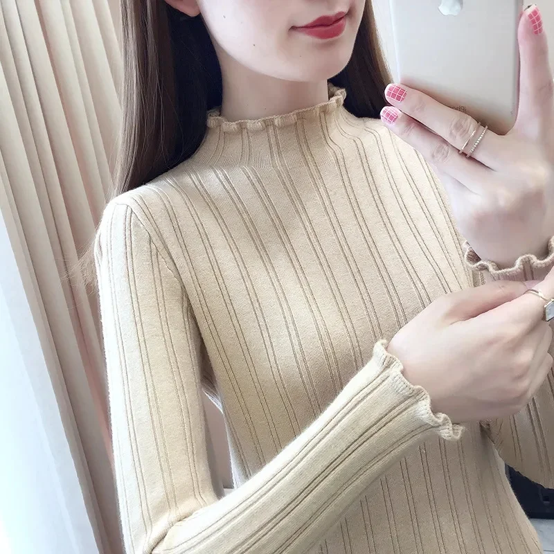 

New Turtleneck Cashmere sweater Women Casual Paragraph Floral collar Long sleeve Sweater Solid color Pullover Sweater