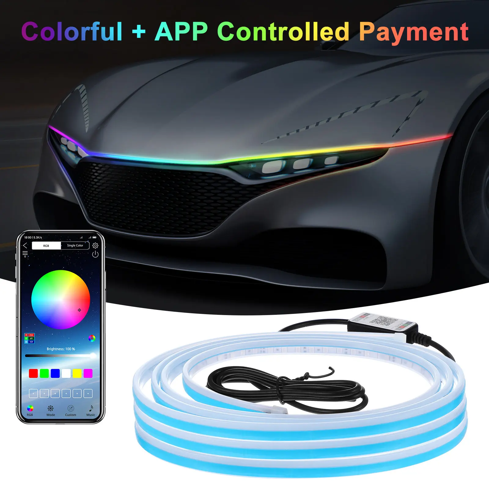 

Car Rgb LED Hood Light Strip App Control Engine Cover Daytime Running Exterior Car LED Strip Lighting for Headlights