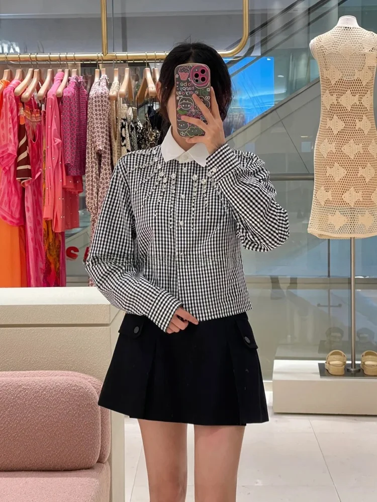 

S-Home Autumn New Retro Missy Sle Color Blo Diamond Studded ort Collar irt Women's Faionable Plaid Cotton Top