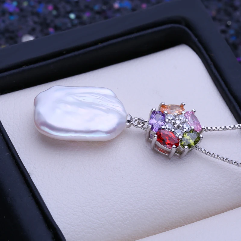 FENASY Natural Freshwater Big Baroque Pearl Necklaces Gifts For Women 925 Sterling Silver Colorful Flower Pendant Party Jewelry