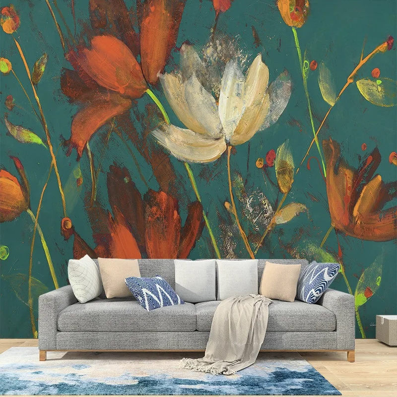 Nordic hand-painted abstract Oil painting flower mural living room sofa bedroom wallpaper dining room TV background 3d wallpaper