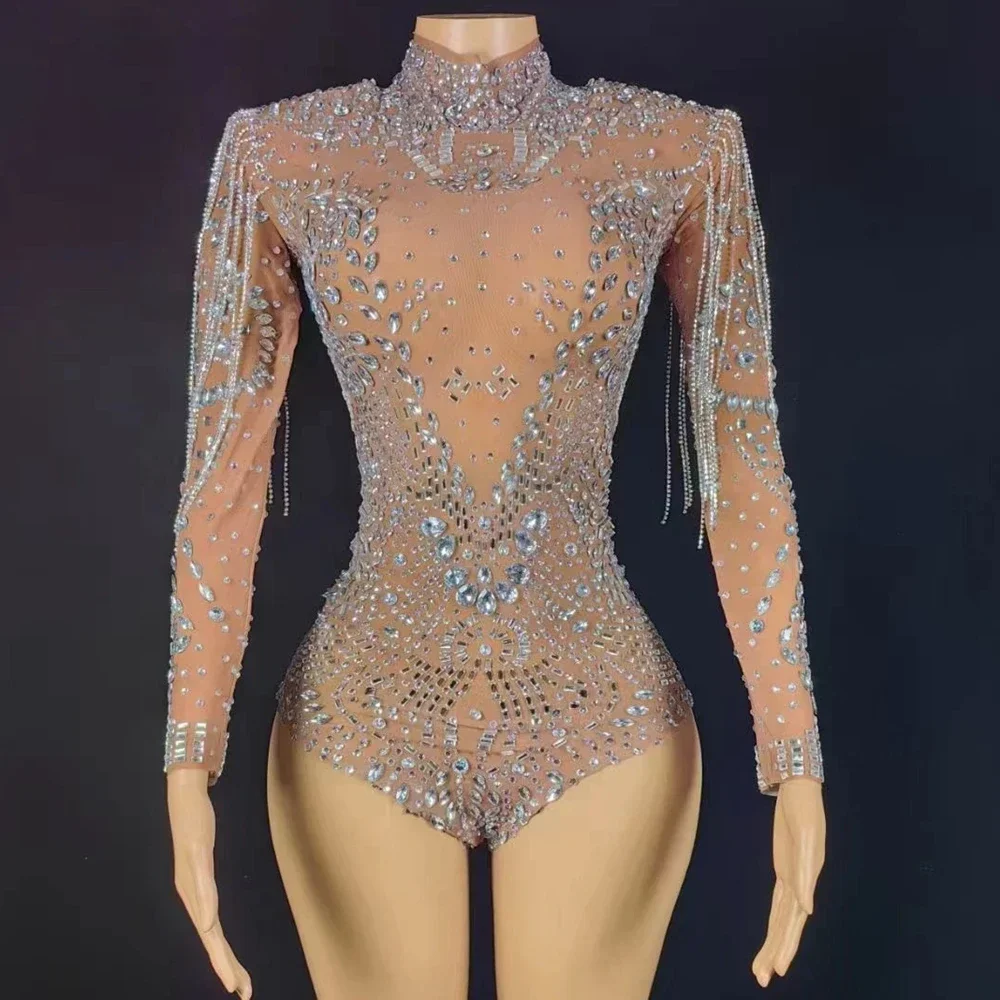 

Dance Costume Singer Dancer Stage Wear Nightclub Outfit Sparkly Rhinestones Chains Long Sleeve Leotard Women Sexy Performance