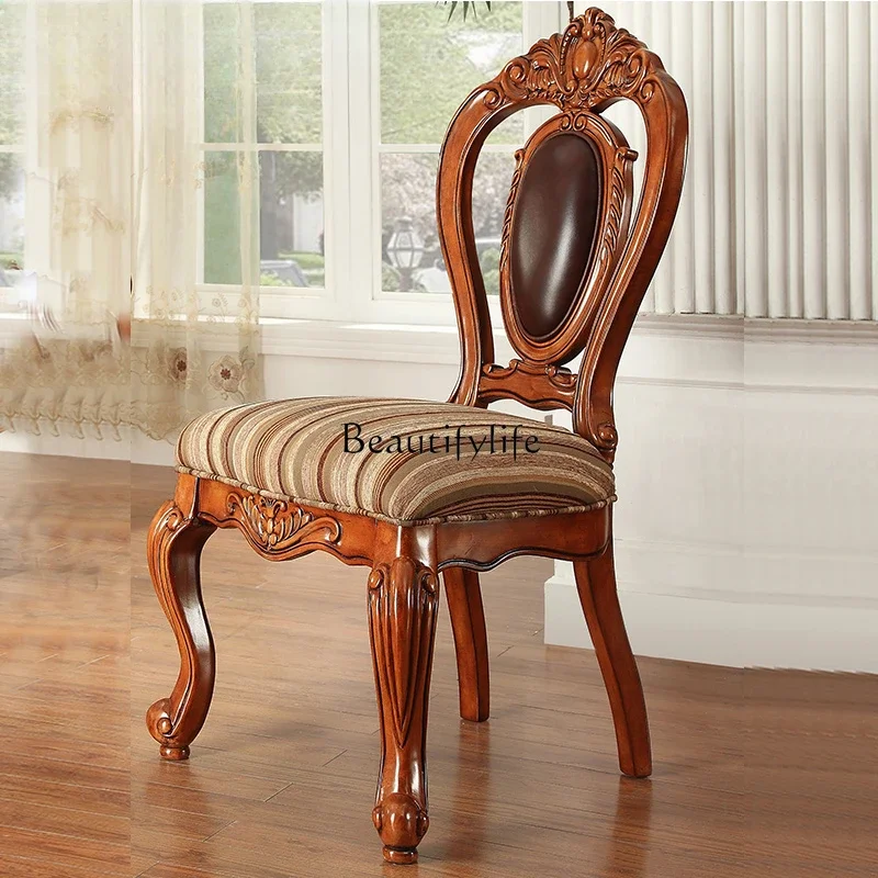

New American dining chair European solid wood fabric leather carved dining chair