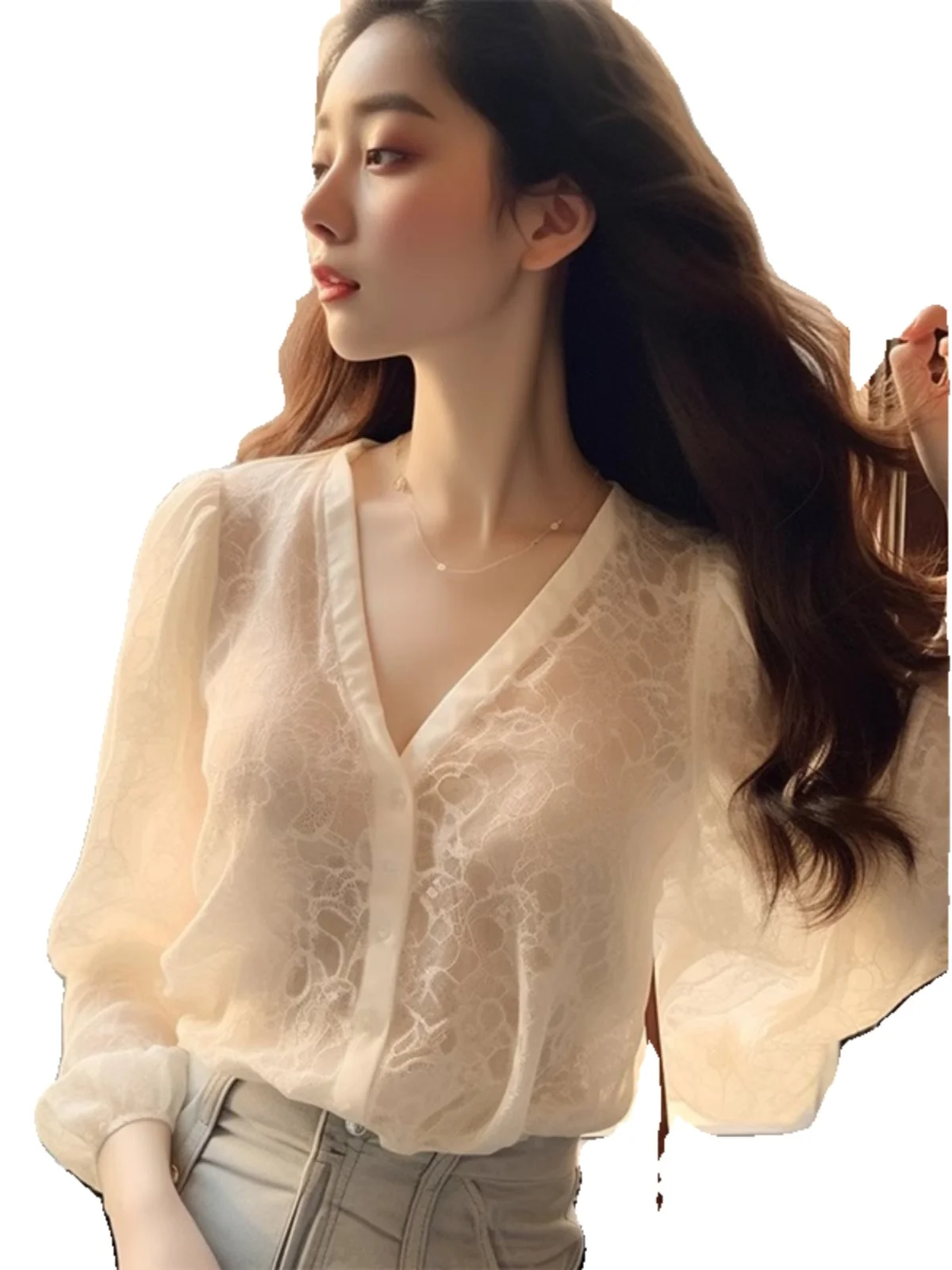 Ele Long Sve Lace irt feminino verão fino V-Ne proteção solar top suave europeu Sle commute solto ajuste botão D...