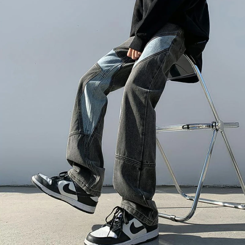 Patchwork Jeans Men Vertical Panelled Streetwear American Style Oversize Straight Spring Autumn Handsome Mopping Trousers Cozy