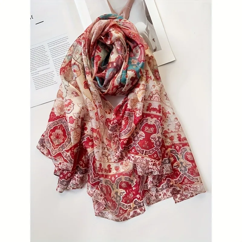 

Lightweight Large 100% Mulberry Silk Scarf for Women Oblong Shawl Neck Scarf Beach Wrap Headscarf Gift Pack Red Paisley Print