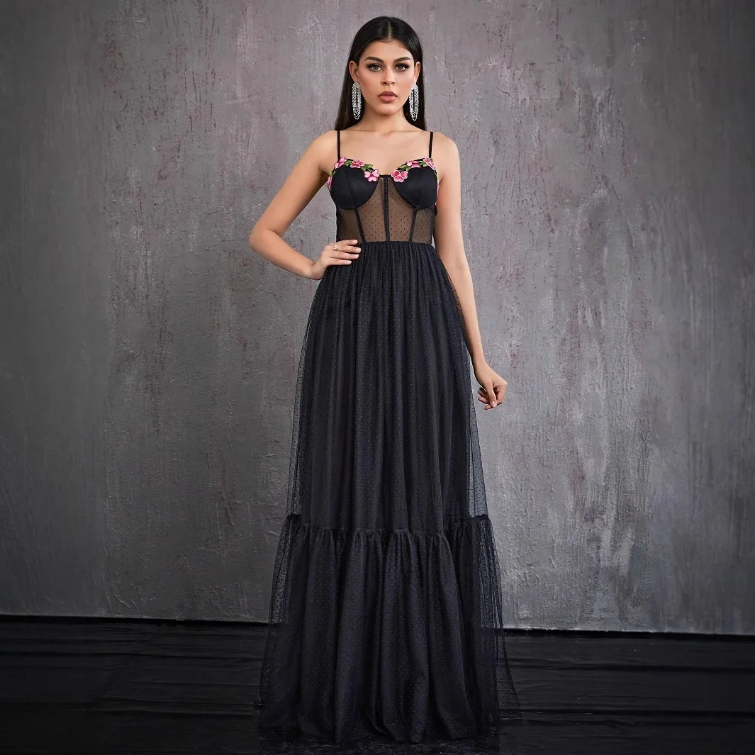 Czarna sukienka na ramiączkach, nowa, dopasowana, prześwitująca, seksowna sukienka wieczorowa dla kobiet, sukienka letnia 2025, elegancka sukienka damska, robe, vestido.