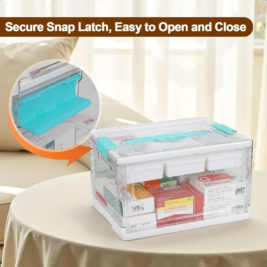 24QT Clear Medicine Storage Box Large Capacity First Aid Box with Tray Plastic Medicine Organizer Boxes with Handle Medical ply