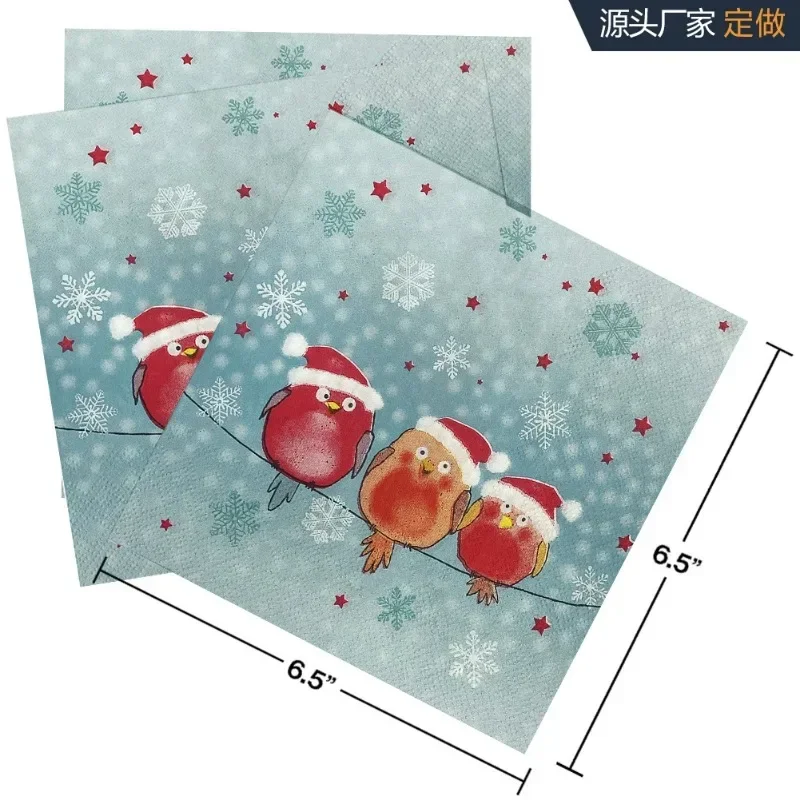 20pcs/Pac Christmas Three Little Birds Printed Napkins Handkerchiefs Birthday Party Tissue Paper for Restaurant Decorations