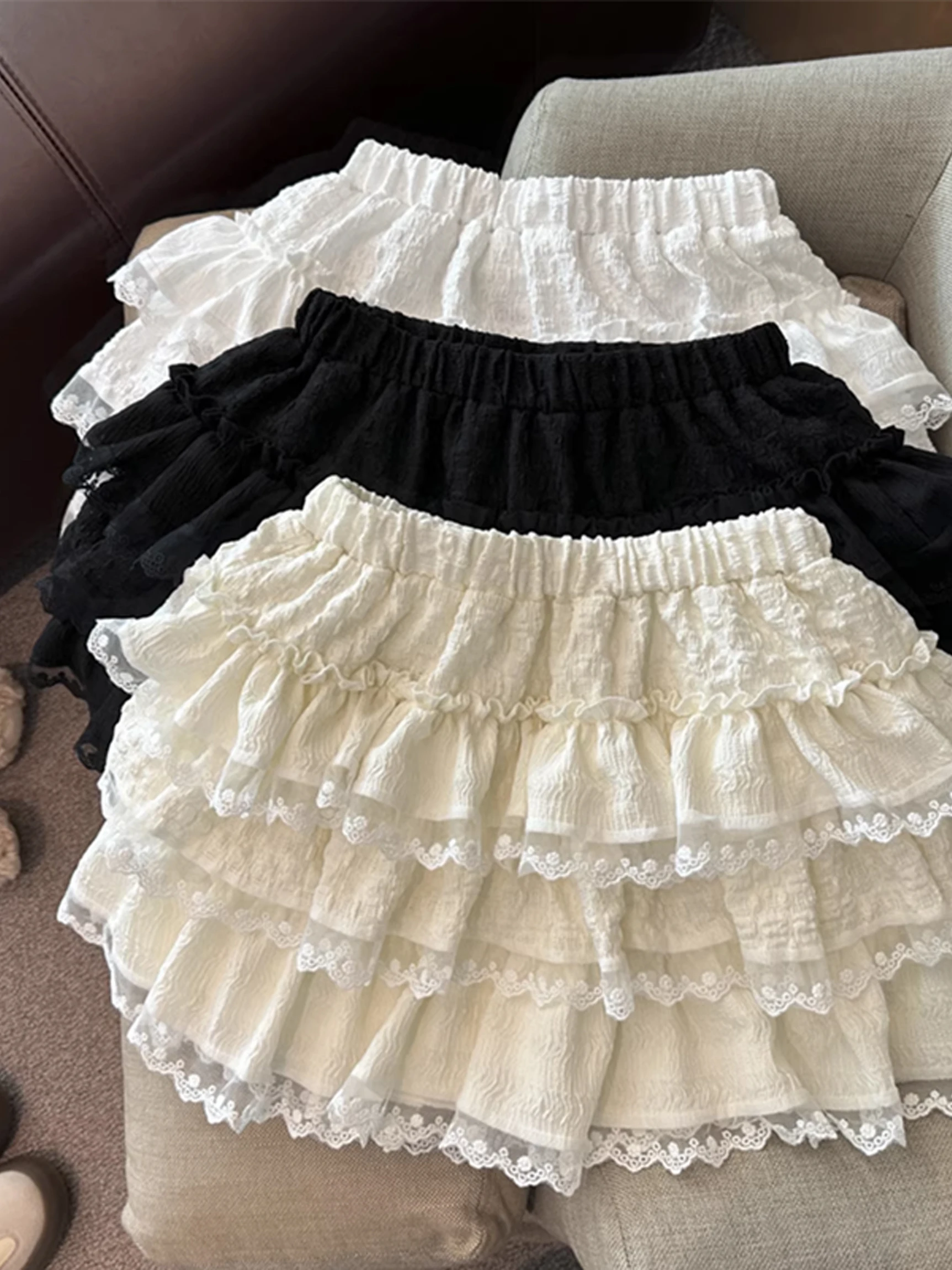 

Нежная юбка-кейк с высокой талией и эластичной кружевной отделкой, корейская весенняя коллекция для молодых женщин, удобная для повседневной носки