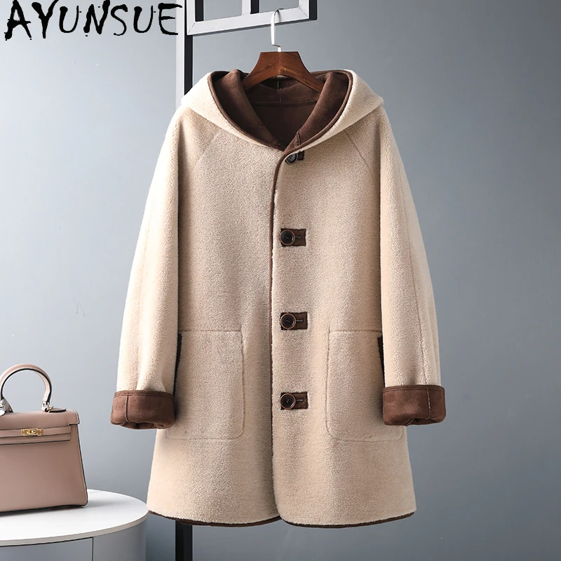 

AYUNSUE 100% Wool Coats Women Autumn Winter Hooded Fur Coat Mid-length Casual Sheep Shearing Jacket Double-sided Wear Jaquetas