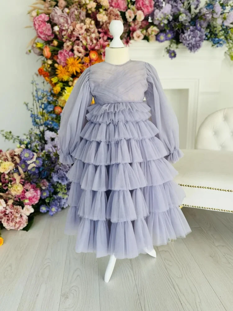 Wedding Flower Girl Dresses Dusty Purple Kids Long Sleeve Formal Dress Round Neck Puff Sleeves Multi Tier Ruffle Tulle Maxi Gown