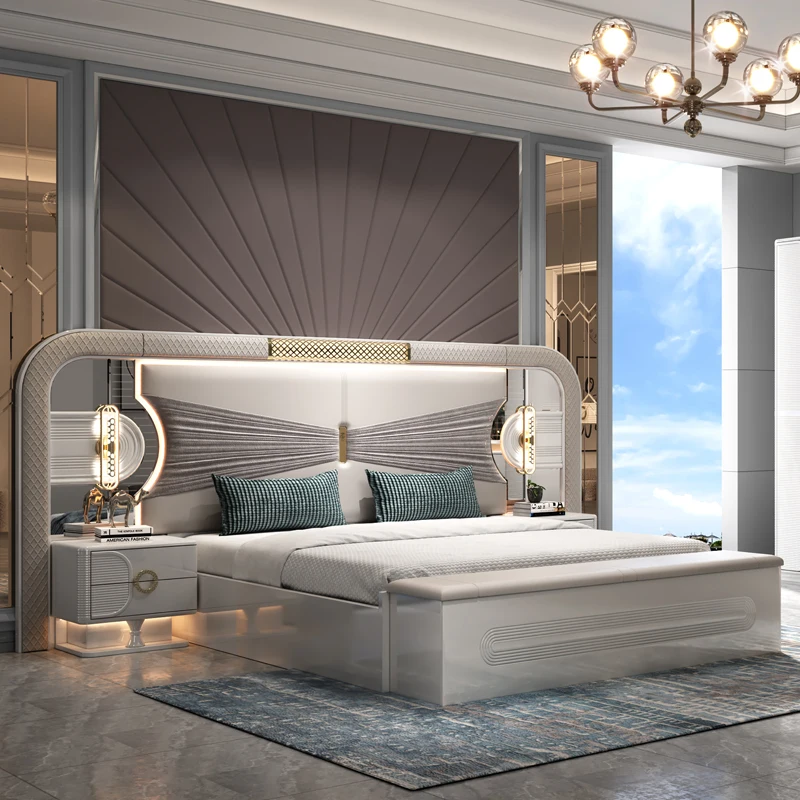 

&Contemporary Lighted Headboard Wood Frame Double Bed Set Modern Luxury Full King Size Wooden Home Furniture Bedroom Sets