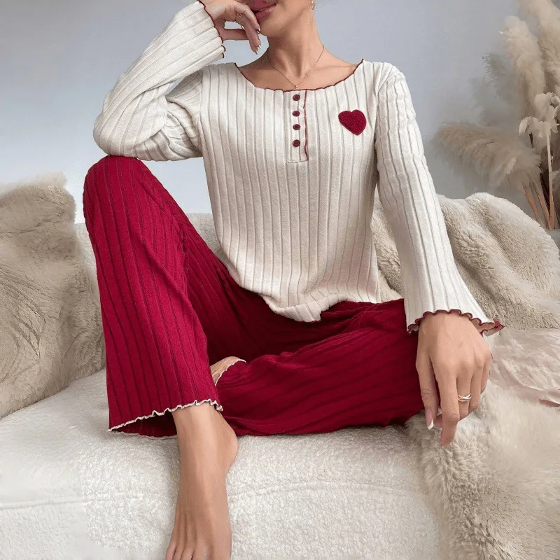 Women Ribbed Fleece Lined Pajama Set Love Embroidery Long Sleeve Winter Loungewear