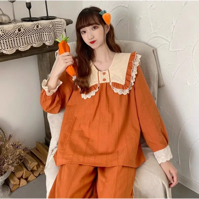 INS Pajamas Ladies Pure Cotton Pyjamas Spring Autumn New Sleepwear Long Sleeve Sweet Nightdress Lace Square Collar Home Wear Set