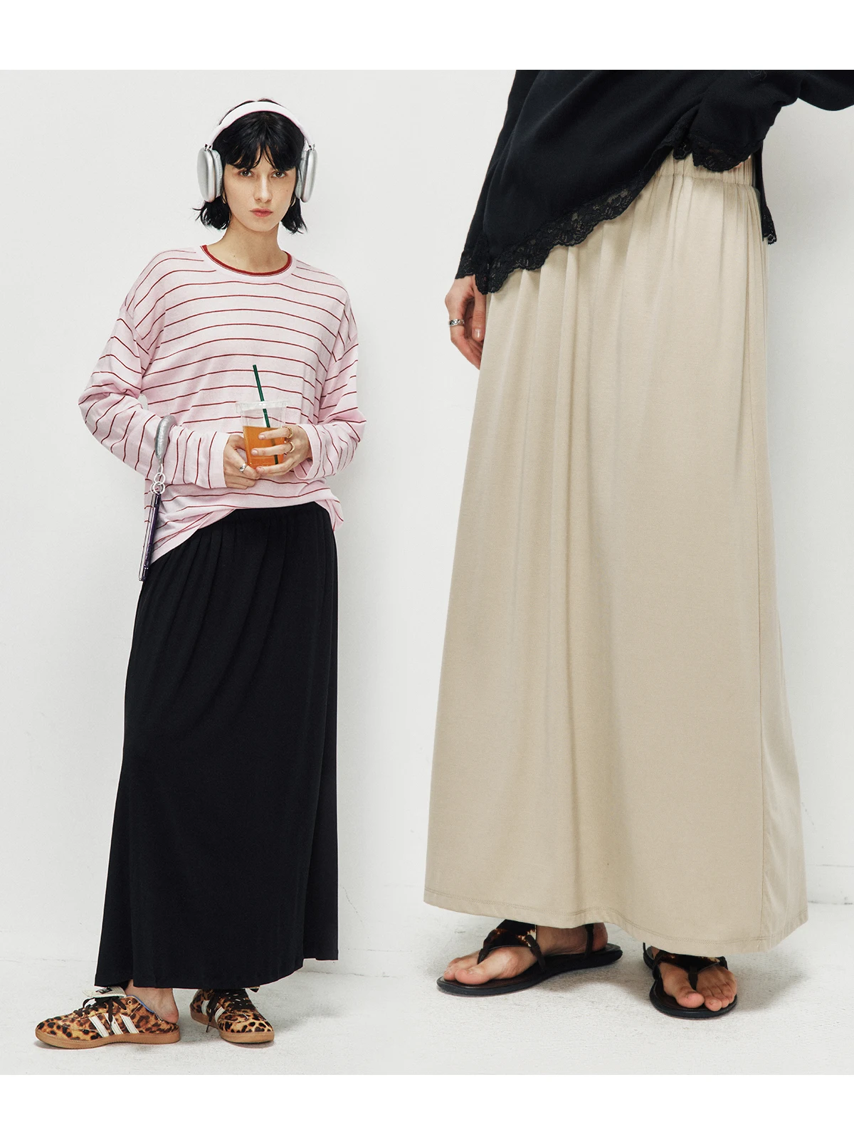 

Soft Comfortable A-Line Umbrella Skirt Elastic Waist Commute Versatile Slimming High Waist Stripe Pattern Casual Style Summer...