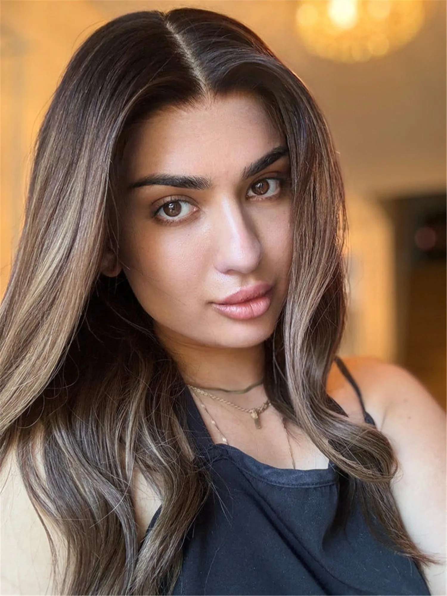 Dark Brown 18 Inch Balayage Synthetic Lace Front Wigs Middle Parting Slightly Wave High Definition Wig For Women Ready To Wear