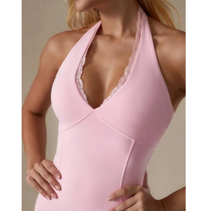 2025 novo vestido feminino apresenta um estilo doce e picante com gola redonda sexy, acabamento em renda, macacão sem mangas com decote em V sem mangas