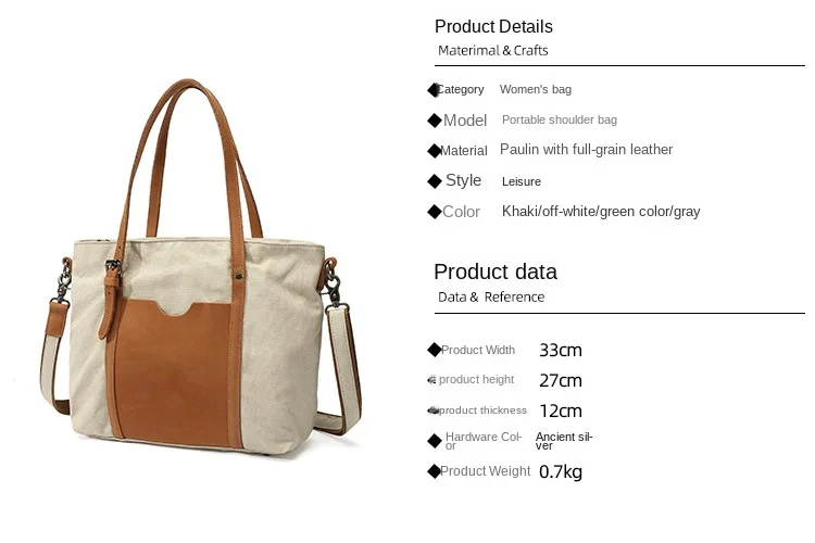 Casual Women's Handbag Ladies Tote Bags Waterproof Canvas Diagonal Package With Top Layer Leather Solid Color Shoulder Bag