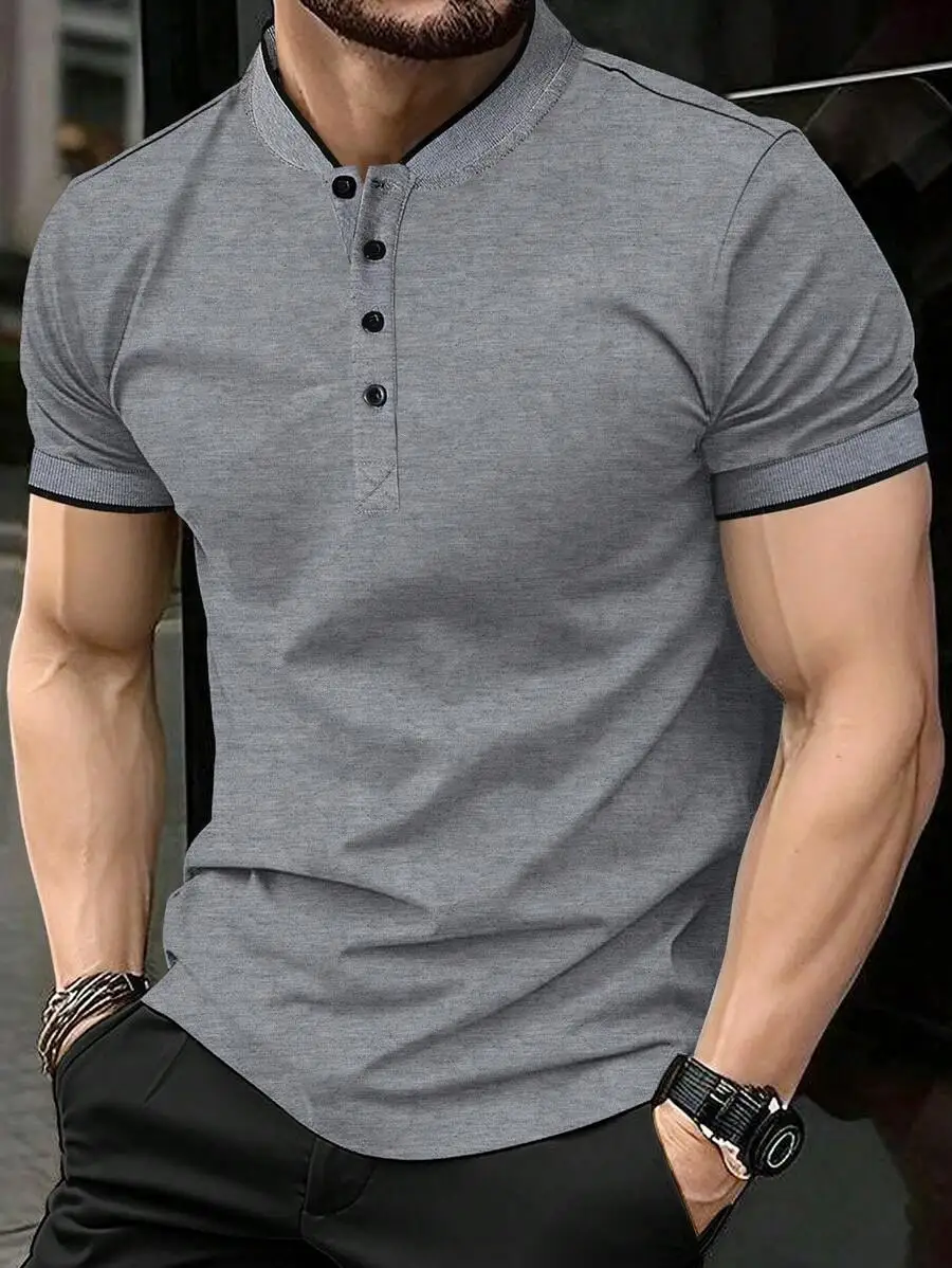 

Men's Gray Henley Short Sleeve Shirt, Minimalist Casual Summer Top