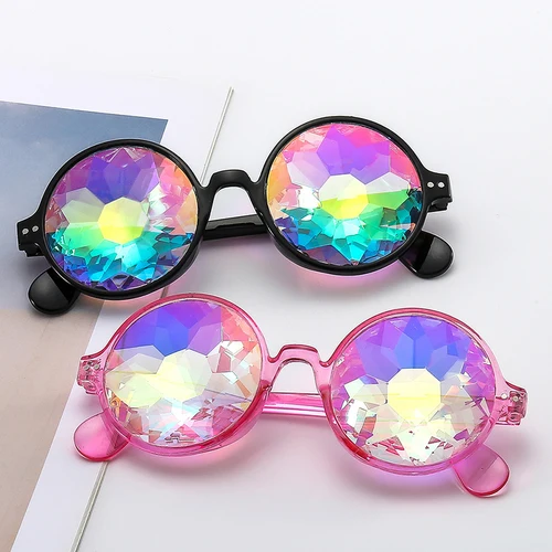 Caleidoscopio gafas coloridas para mujer láser Retro Rave Festival gafas de sol redondas mosaico prisma fiesta Cosplay decoraciones gafas