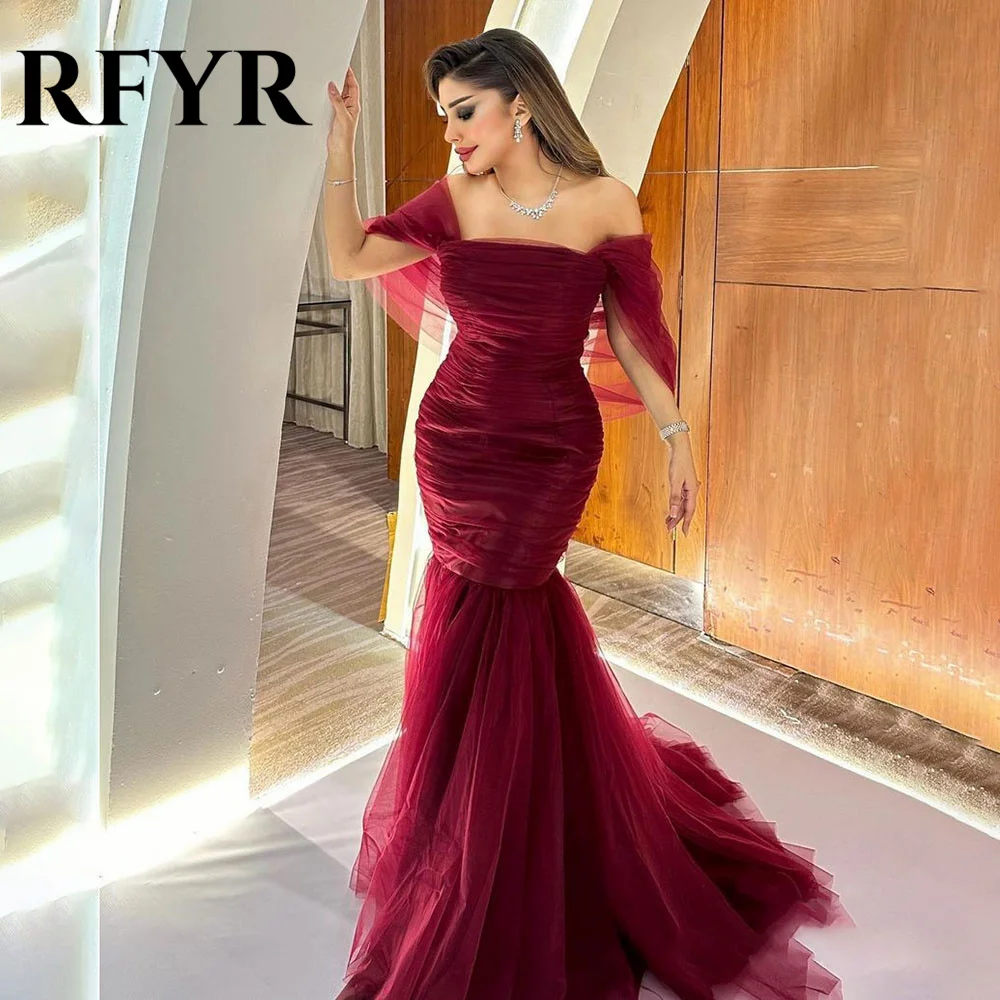 

RFYR Red Strapless Trumpet Prom Dress Off the Shoulder Elegant Prom Gown Pleats Net Long Evening Dress Formal Dress Customized