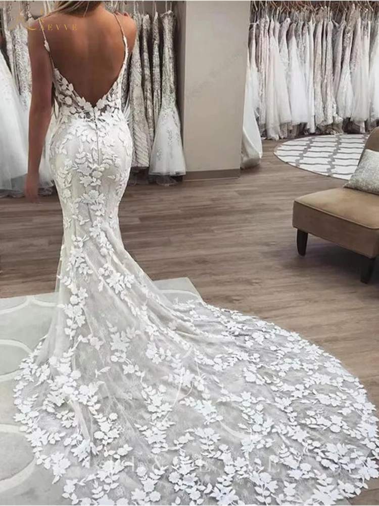 FL&AEVVE Customized Spaghetti Straps Lace Wedding Dresses Mermaid Bridal Dress Appliques Beach Bride Gowns Vestido De Noiva image 4