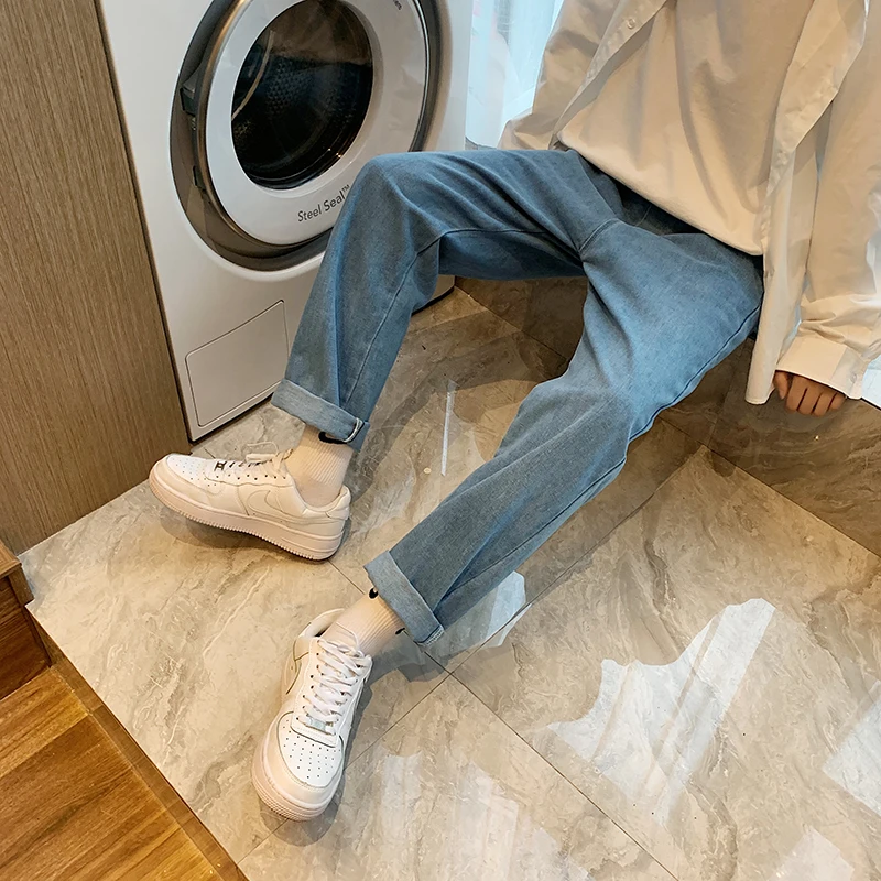 

Trendy Elastic Waist Straight Leg Jeans Men's Loose Fit Korean Sle Versatile Nine-Piece Pants Draped Wide Leg Dad Jeans