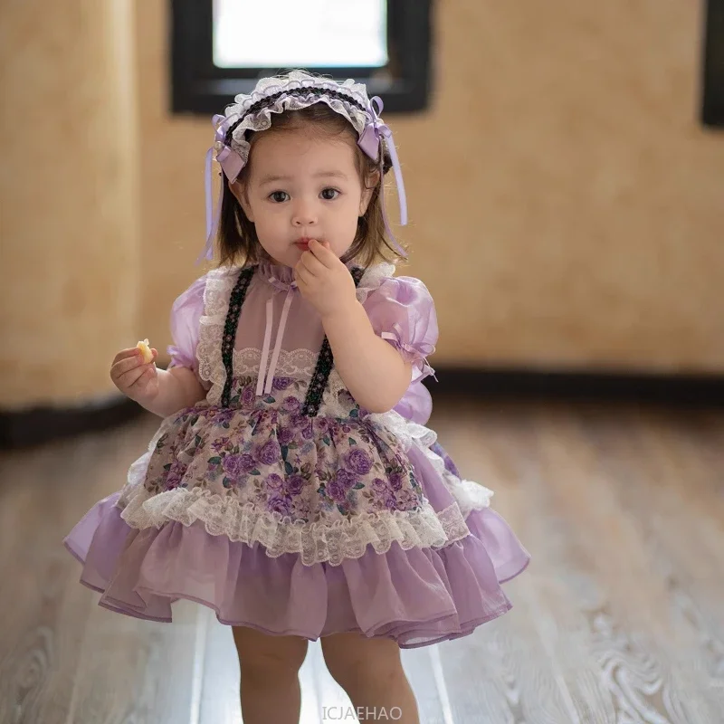 

2025 Girls Lolita Princess Dress Purple Short Puffy Gown Matching Kids New Arrival Summer Princess Gown 1-10 Years Clothing