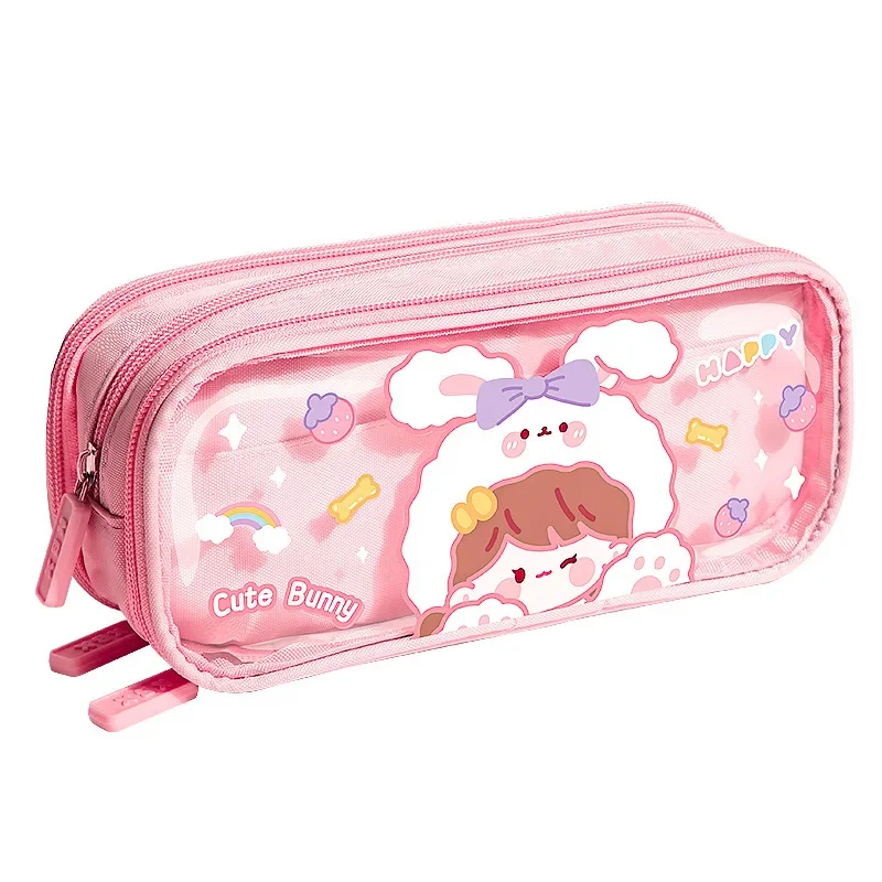 Three-layer Large-capacity Transparent Pencil Case Cute Print Wear-resistant Waterproof Pupil Stationery Storage Box