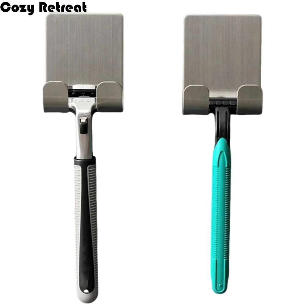 

2Pcs Self Adhesive Stainless Steel Razor Holder Waterproof Double Hook Hanging Razor Stand Rust-proof Multi-functional