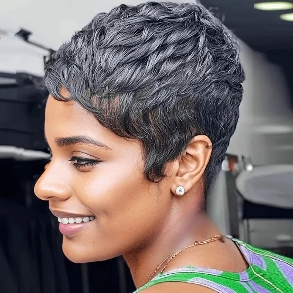 

Парик Pixie Cut с кудрями и волнами, из натуральных волос, для женщин, полностью машинной работы, для повседневной носки и вечеринок, плотность 150%, ко Дню святого Валентина