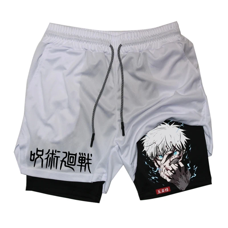 Anime Jujutsu Kaisen 2 in 1 Compression Shorts for Men Athletic Quick Dry Performance Shorts with Pockets Gym Workout Fitness