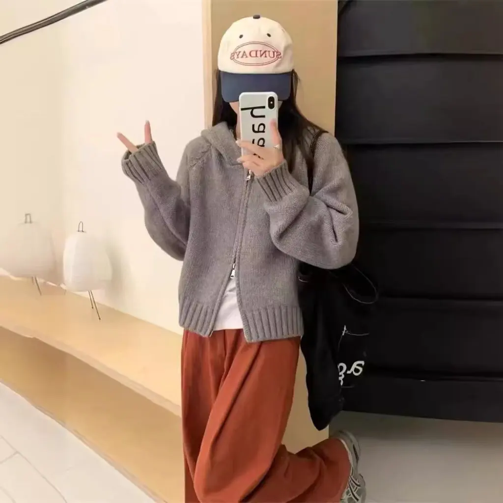 

Women's Hooded Solid Color Knitted Cardigan Casual Short Double Zipper Long Sleeve Top Fashion Outerwear