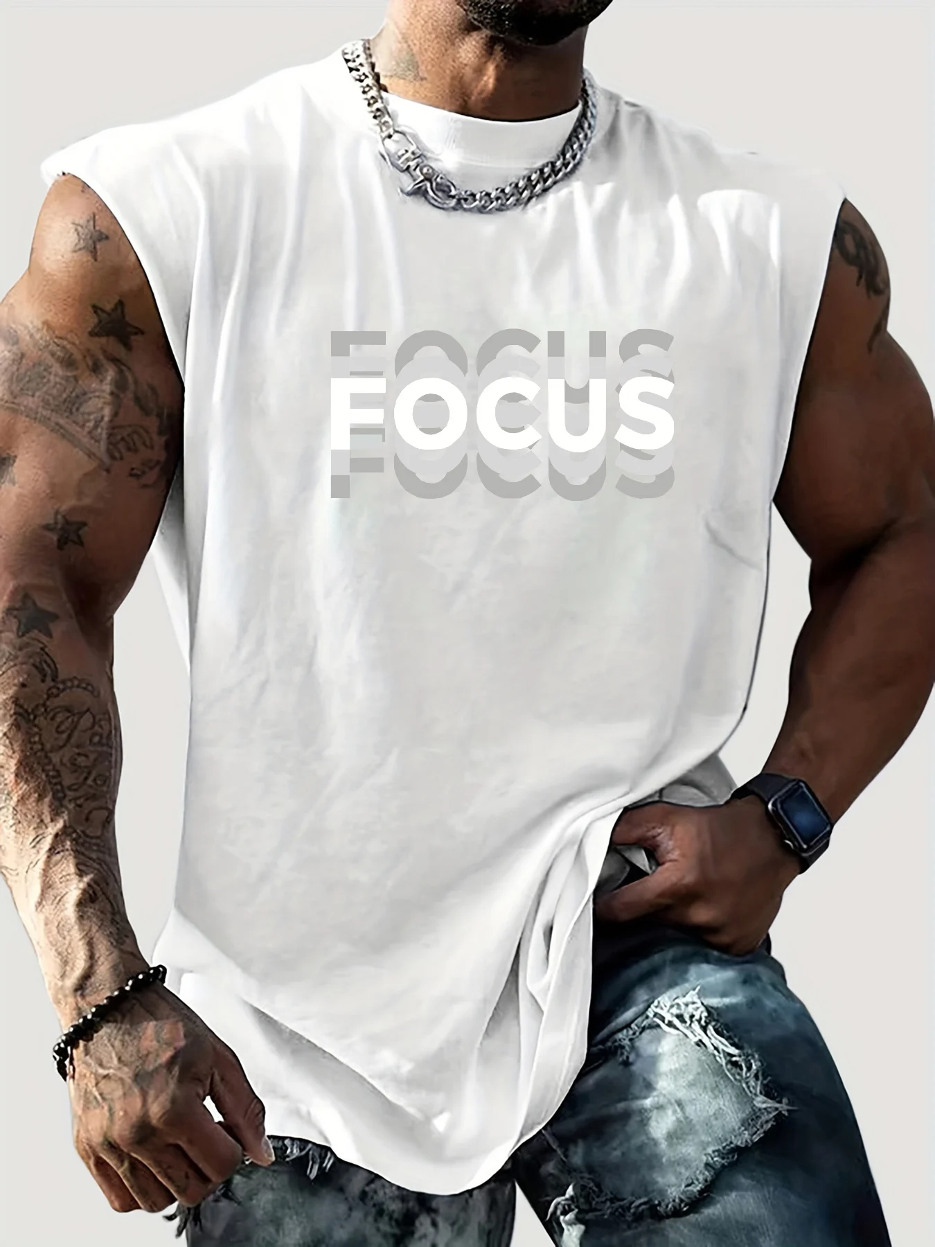 Men's Summer Leisure Sports Fitness Loose FOCUS Letter Printed Comfortable Breathable Round Neck Sleeveless Tank Top