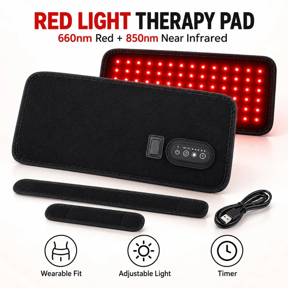 Wearable LED Red Light Therapy Pad 660nm 850nm, Near Infrared Belt for Waist Back and Abdomen, Adjustable Light Modes and Timer