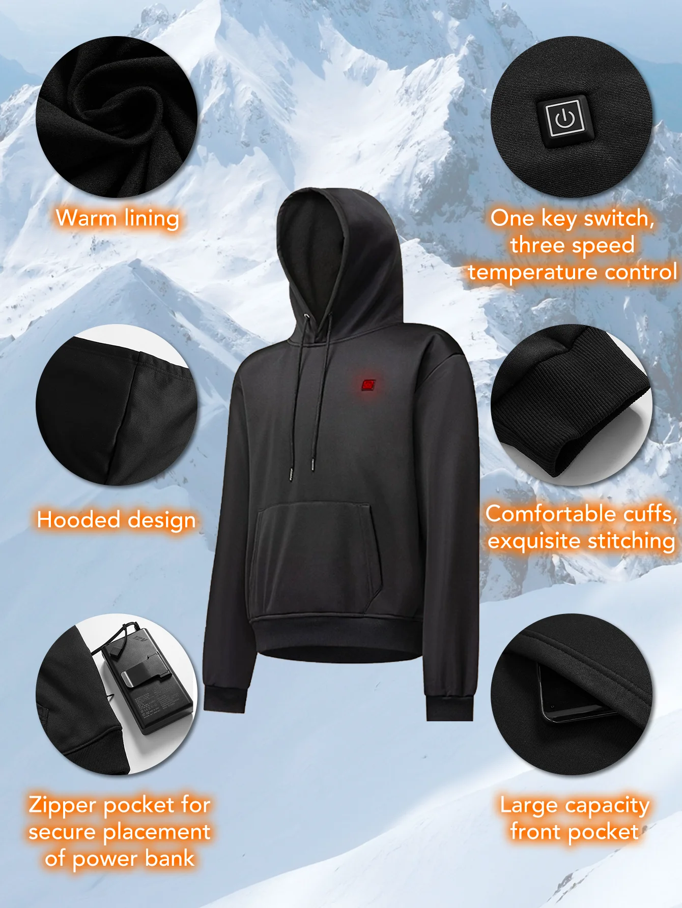 هوديي ساخن، سترة كهربائية، هوديي بقلنسوة، تنظيم درجة الحرارة 3 مستويات، موضة الشتاء، الدفء، المشي لمسافات طويلة في الهواء الطلق، الصيد،