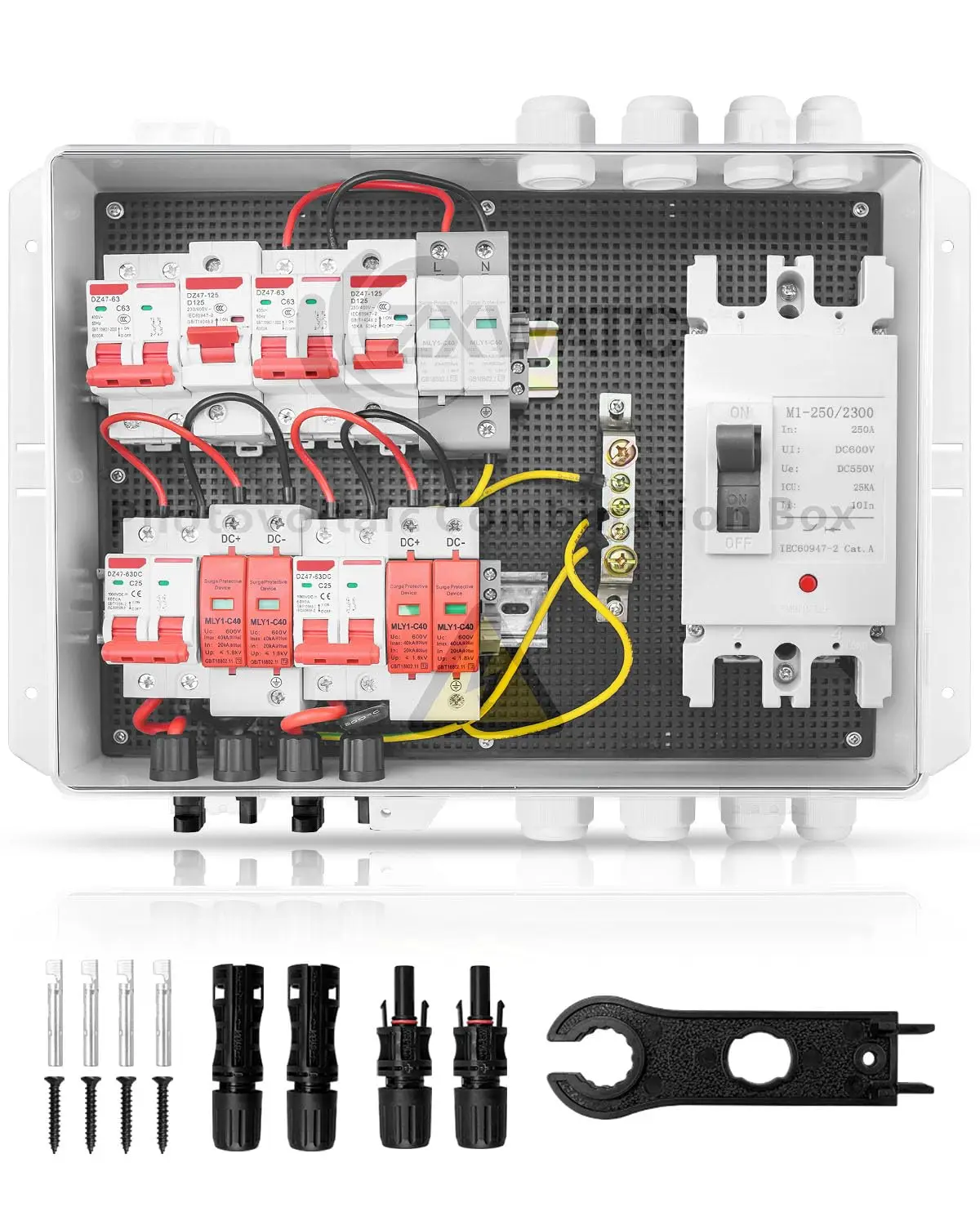 

PV Combiner Box 2 String with 25A/250A DC & 63A/125A AC Breakers, Surge Protection, IP65 Waterproof for 8K-10KW Inverter