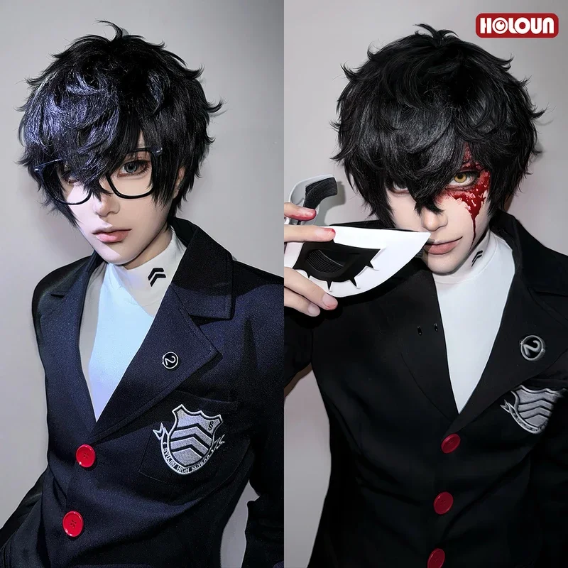 HOLOUN P5 Game Ren Amamiya Cosplay Costume Wig Joker School Uniform Embroidery Suit Blazer Pants Brooch Daily Wear Unisex