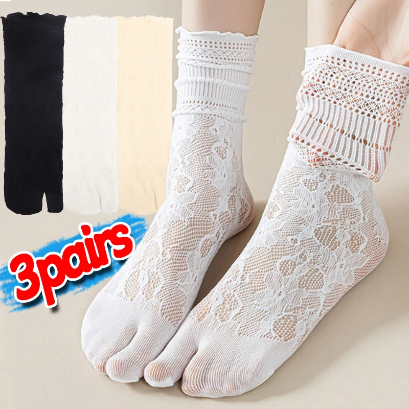 Calcetines japoneses sexis de encaje con punta Tabi para mujer, calcetines de dos dedos de verano, calcetines de malla transpirables sólidos transparentes a la moda con punta Tabi dividida