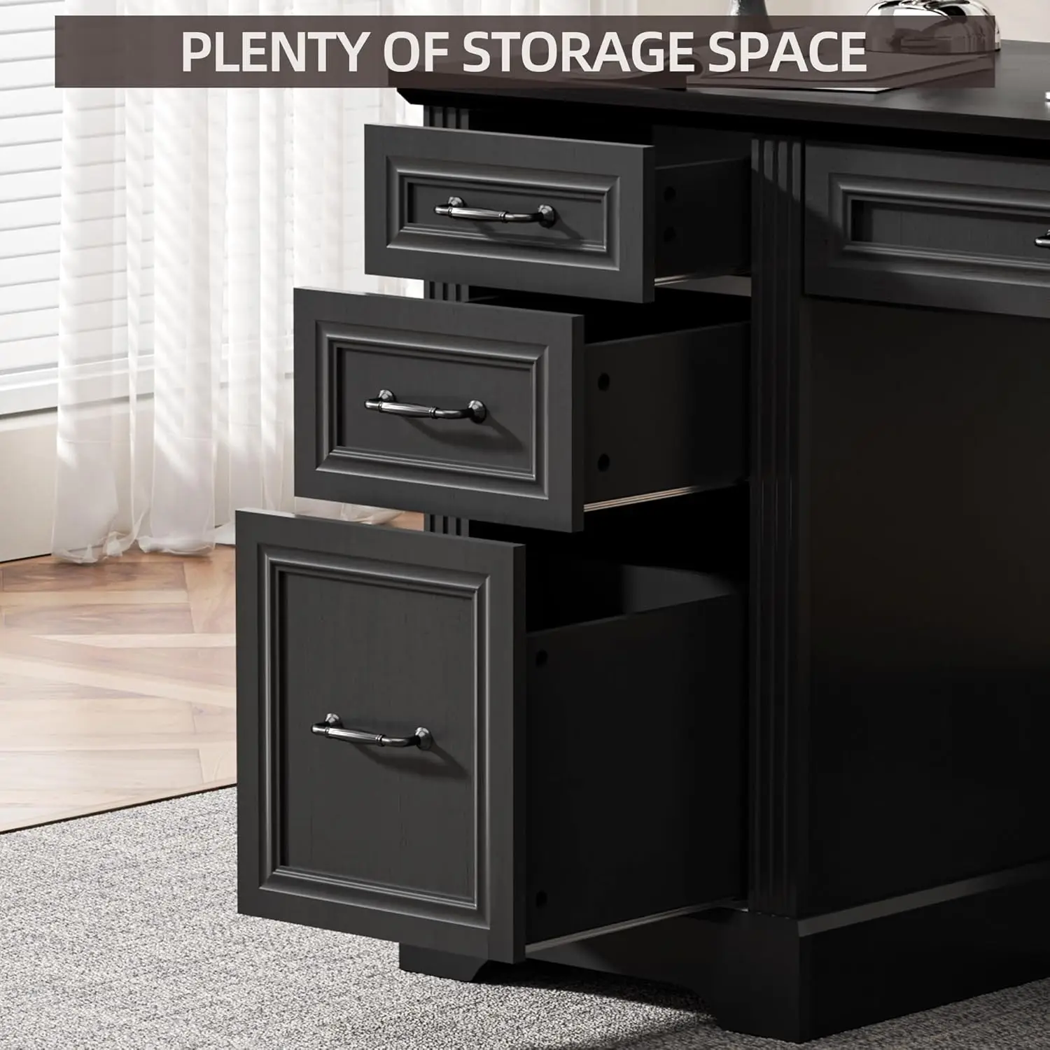 58-Inch Executive Desk, Farmhouse Computer Desk with Drawers and Storage Cabinet, Wooden Home Office Desk Workstation,