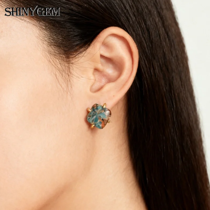 

SHINYGEM Imperial Jasper Stud Earrings Women Vintage Quadrate Gemstone Jewelry With 18k Gold-Plated Gift Statement Accessories