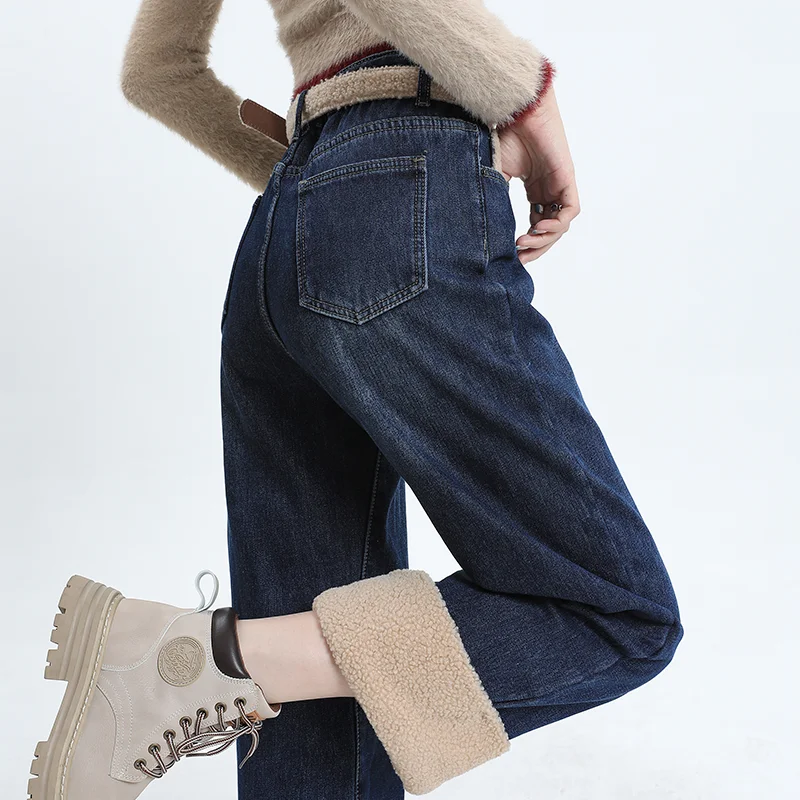 

Women's Jeans Winter Fce-Lined Thick Non-Strety Straight-Leg Crop Pants With Belt Office Versatilewinter clothes womenwinte