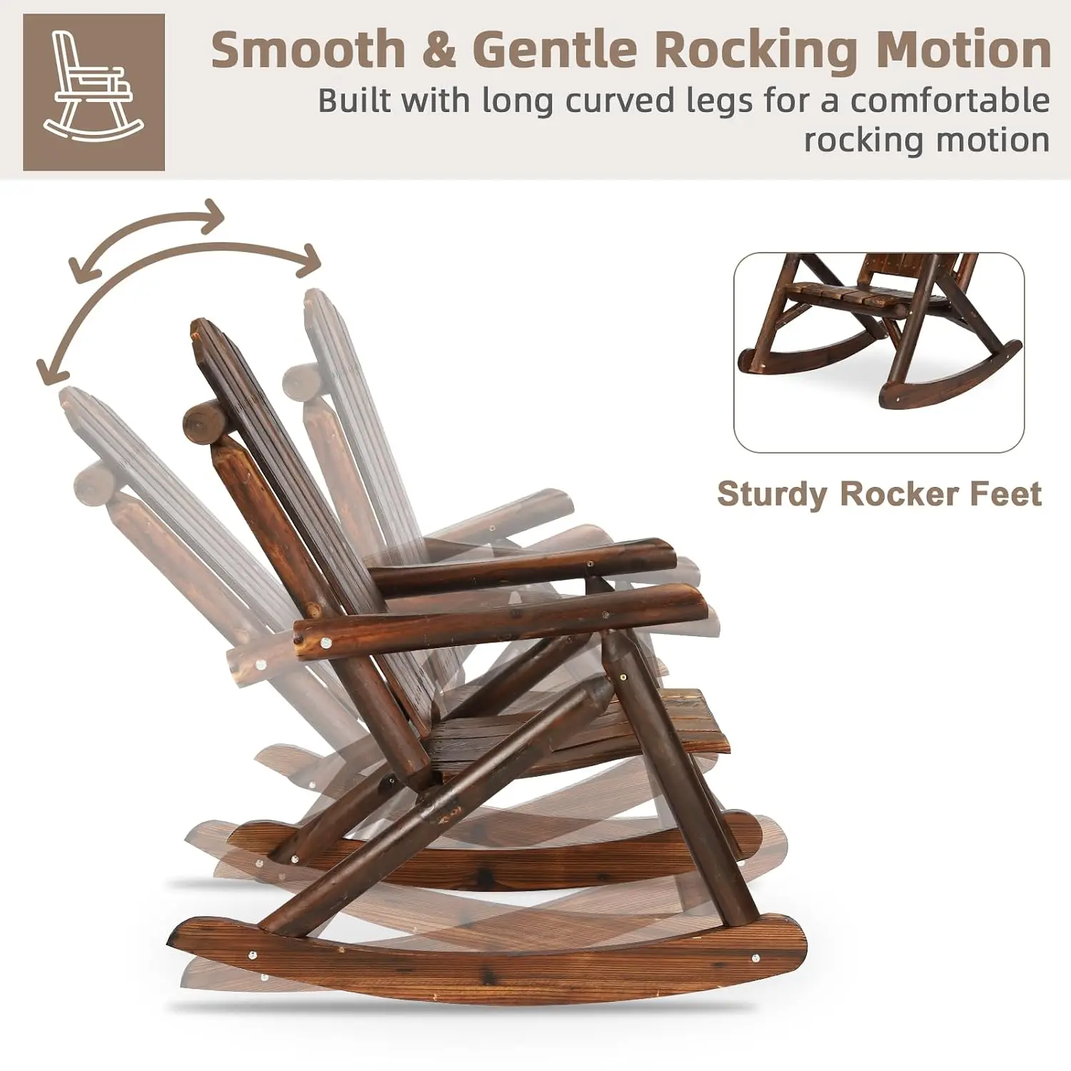 Wood Rocking Bistro Set 3-Piece Rustic Rocker Chair High Back Slatted Seat Side Table Patio Indoor Deck Garden Porch, Customized