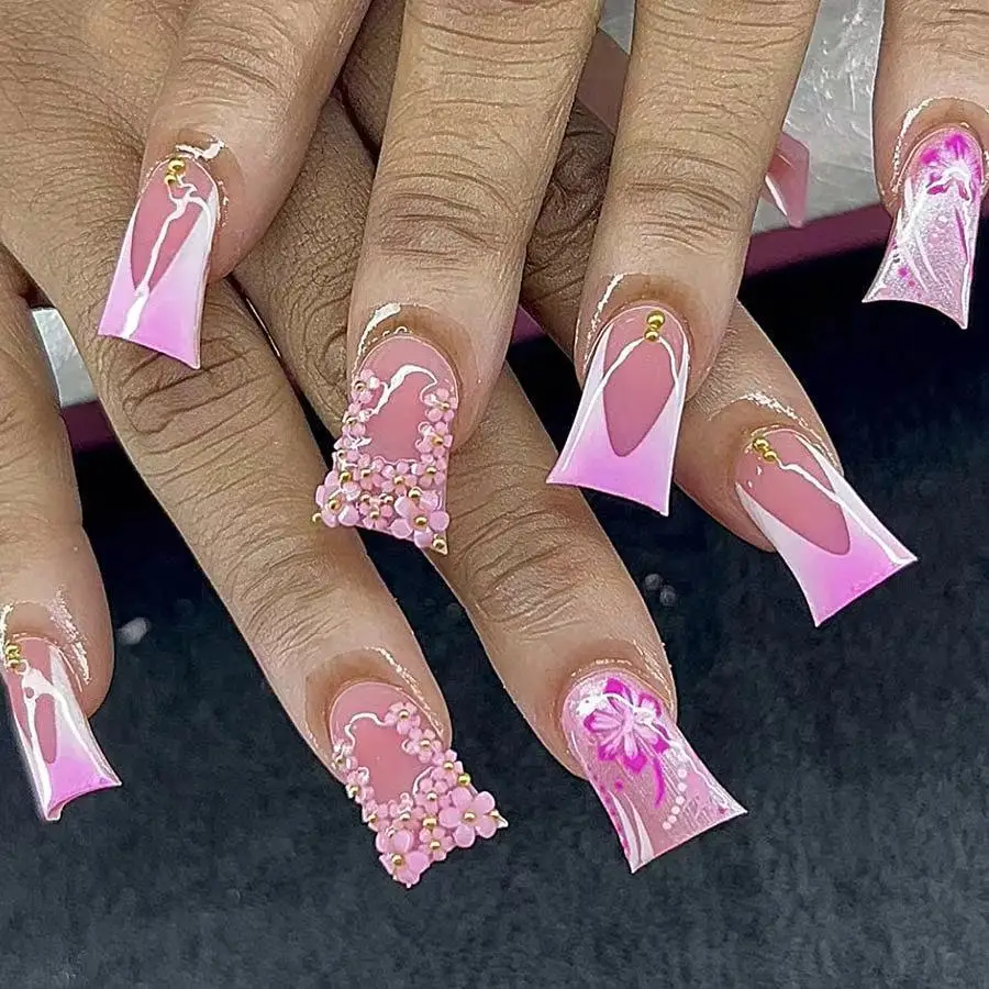 

24Pcs Mid-length Duckbill Nails Set Press on Pink Smudge French Fake Nails with 3D Flower Detachable Full Cover False Nails Tips