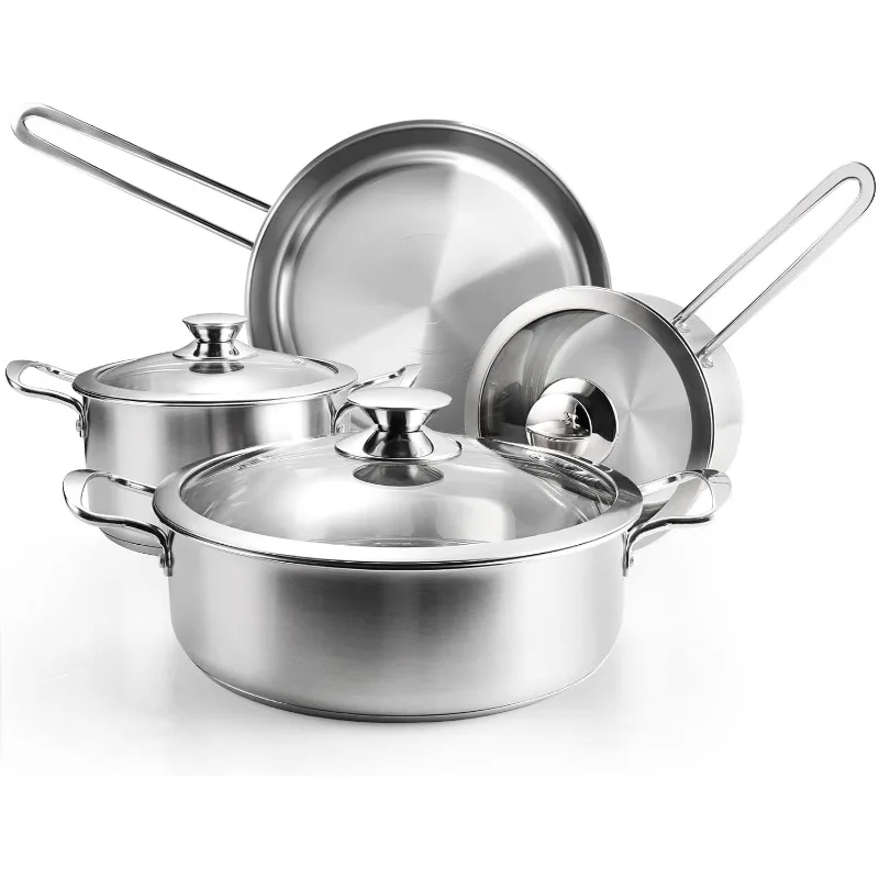 

Stainless Steel Pots and Pans Set, 7-Piece Kitchen Cookware Sets with Glass Lids, Stay-Cool Handle, Oven Safe, Works