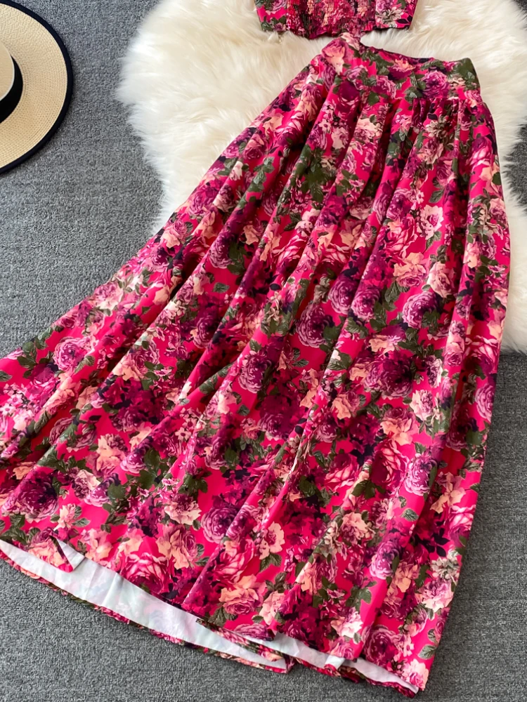 Ensemble jupe plissée à imprimé floral rétro pour femmes, sangle courte en fibre sexy, jupe taille haute, olympiques 2 pièces, été